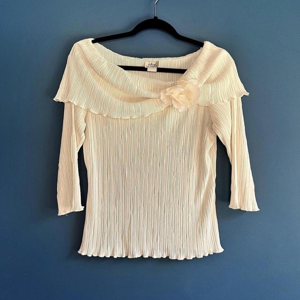 Y2K Off Shoulder Blouse Women's Size Large CDW White Cream Flower Going Out Fem